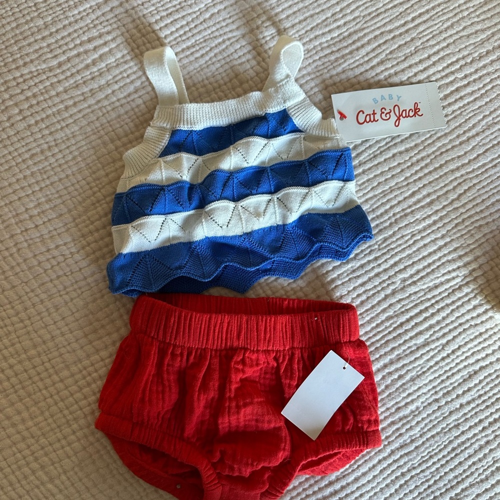Cat & Jack Blue and White Striped Knit Tank with Red Bloomers